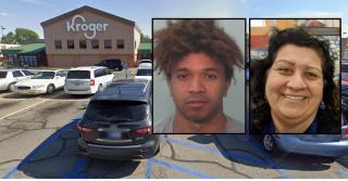 Inset left: Jermard Lewis (Allen County Sheriff's Department). Inset right: Perla Nieto (Divine Mercy Funeral Home). Background: The Kroger grocery store where the killing took place in Waynedale, Indiana (Google Maps).